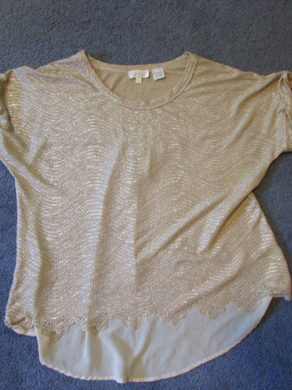 NWOT Miss Me Rose Gold Metallic Top Medium Shimmery Scalloped Edge Sheer Back